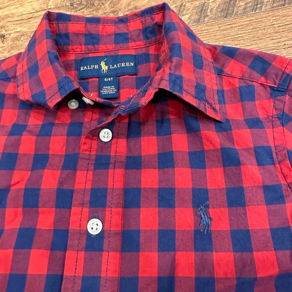 Ralph Lauren Boys Buffalo Plaid Button Down Shirt 4T Red Navy Cotton Pony Logo